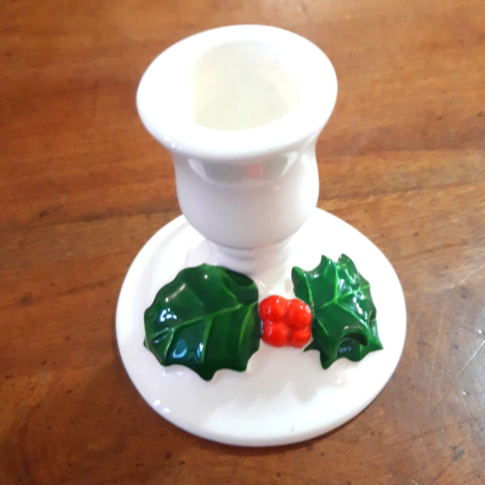 White Ceramic Holly Candlestick Holder with Green Leaves and Red Berries